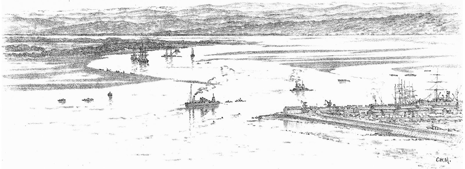 Engraving of Durban harbour seen from the Bluff, with sailing ships, 1891