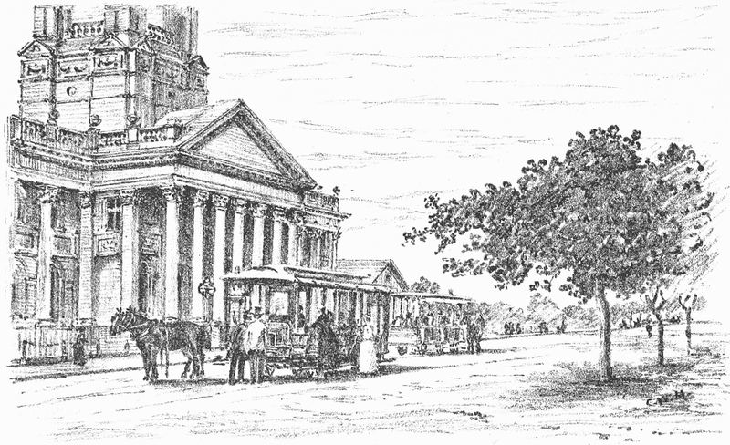 Engraving of the tram terminus at Durban's Town Hall, 1891