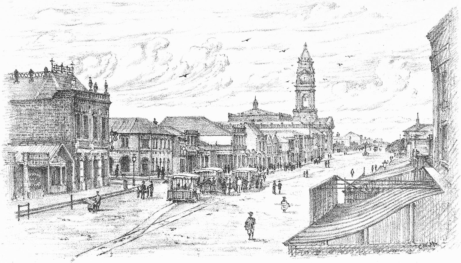 Engraving of West Street, Durban, in 1891, with shopfronts and a clock tower